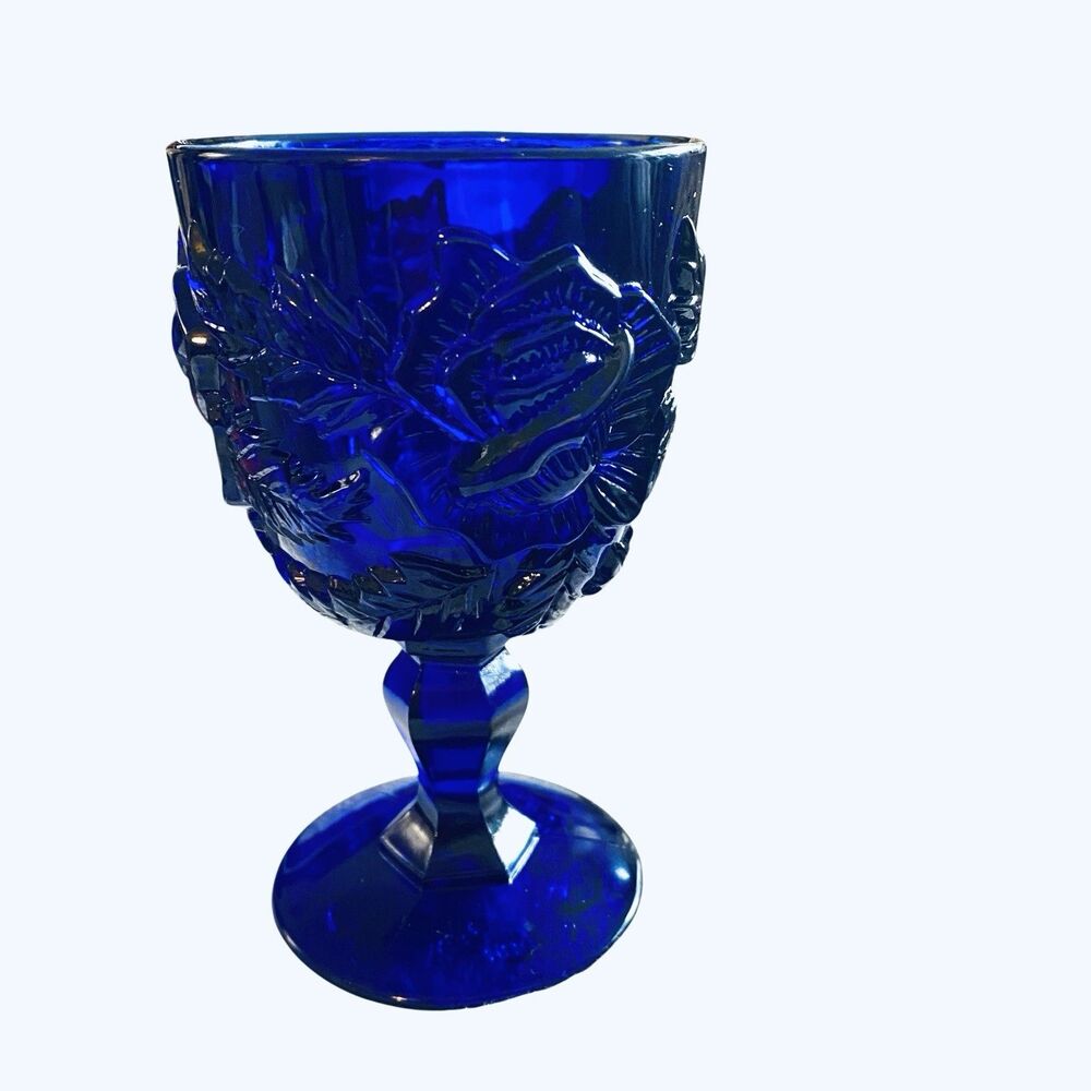 Madonna Rose Cobalt Blue Wine Water Goblet ~5" Floral Embossed
